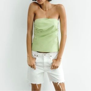 ZARA flattering strapless Apple Green ruched top. TAGS ON. NEVER WORN.